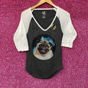 Made Right Pug with Glasses 3/4 Long Sleeve V-Neck T-Shirt Medium